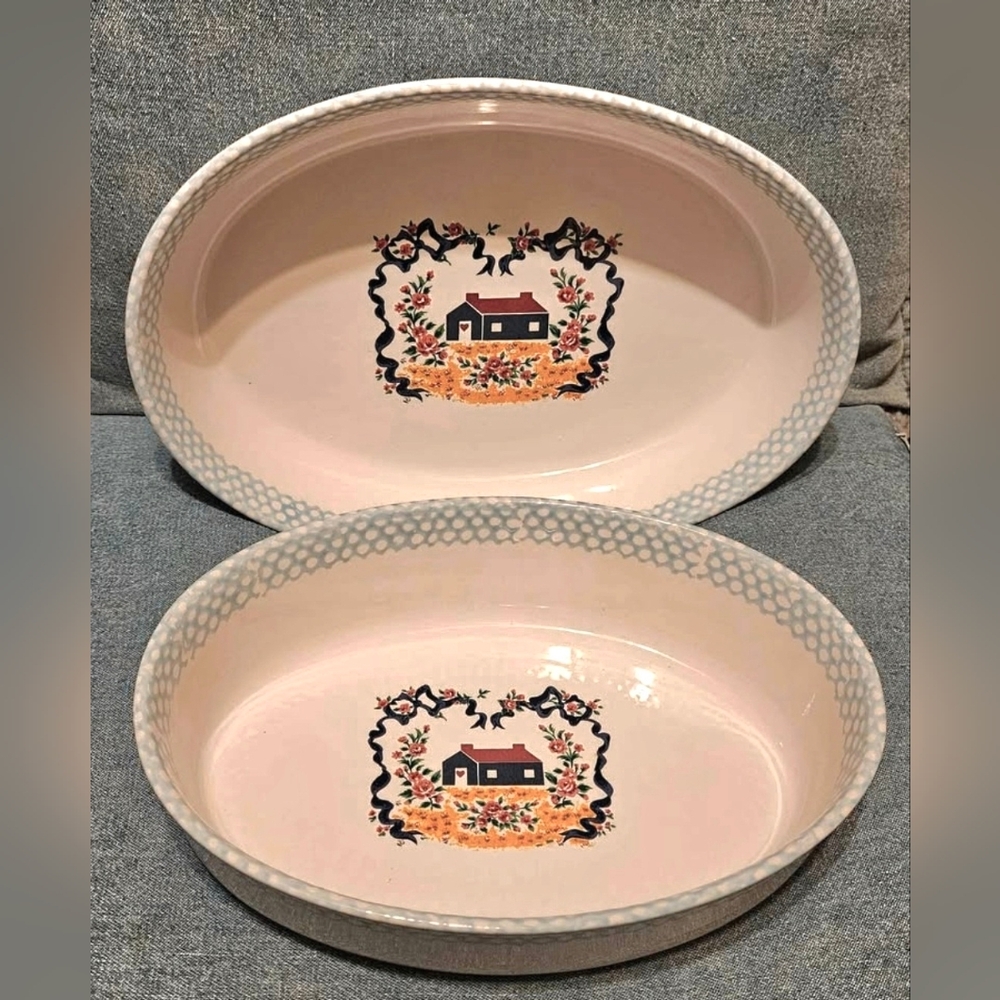 Set of 2 Vintage 1995 Oval Teamson Stoneware Casserole Bake Dishes